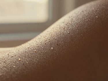 Macro close-up of rough, uneven skin texture before treatment, showing small imperfections, under soft golden-hour window light, macro depth of field
