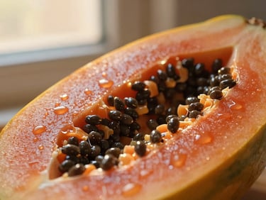 Macro close-up of a halved ripe papaya with visible seeds, dewy, under golden-hour window light, rich organic tones, 35mm.