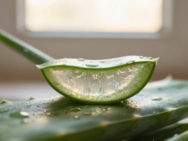 Macro close-up of a freshly cut aloe vera leaf with visible gel, dewy, under soft window light, 35mm.