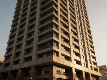 Wide sweeping architectural angle of a modern luxury building facade in Lagos at sunset, warm champagne light, deep obsidian shadows