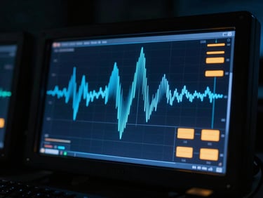 A tactical signal monitor displaying abstract vector wave patterns in a dark command center, low-key cool blue lighting, high-contrast amber indicators, 35mm