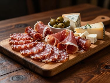 A curated charcuterie board on a dark wooden table, featuring folded salami, prosciutto, artisan cheeses, and olives, captured from a low angle with warm amber lighting.