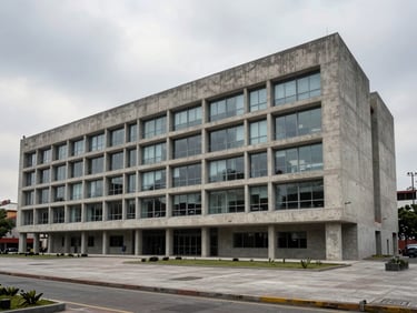 Exterior of a completed institutional building in Mexico City, clean facade of concrete and glass under overcast sky, public plaza in foreground, architectural documentation, no people