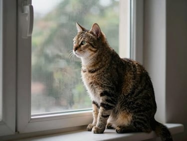 Cat sitting calmly on a window ledge looking outside, a nearly invisible protective net stretched across the open window, natural light from outside
