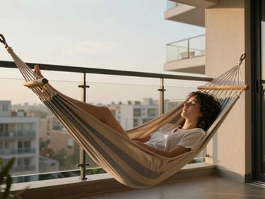 Person relaxing in a hammock on an apartment balcony with a taut protective net visible along the perimeter, soft golden afternoon light