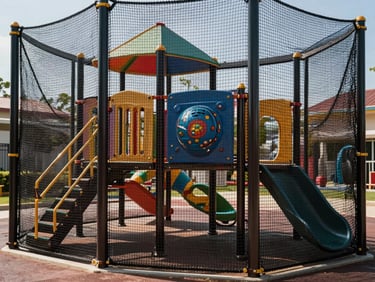Children's outdoor playground structure enclosed with a fine protective net on all open sides, bright daylight, colorful play equipment visible inside