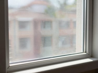 Close-up of a transparent protective net stretched across an apartment window frame, natural daylight visible through the mesh, clean white window surround