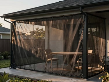 Covered external area of a house with a protective net stretched across the open sides, afternoon light filtering through, chairs and table visible inside