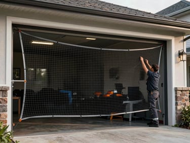 Wide residential garage with a protective net stretched across the open front entrance, technician's hands adjusting the net frame, natural outdoor light