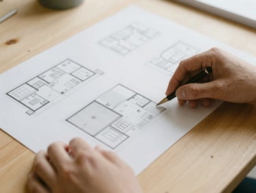 Close-up of hands arranging architectural paper mockups on a light wooden table, soft natural light.