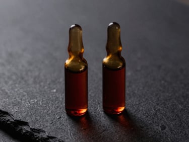 Extreme close-up of two minimalist amber vials on textured dark stone, dramatic side-lighting highlighting gold accents, moody atmosphere