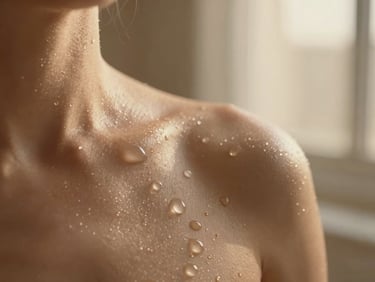 Macro photograph of clean, glowing skin texture with water droplets, soft golden lighting, shallow depth of field