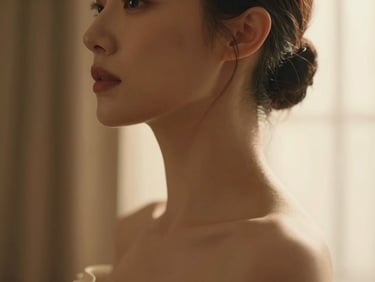 Cinematic portrait profile of a woman with a clean, defined jawline, elegant neck contour, warm editorial lighting, shallow depth of field