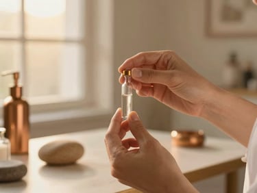 Hands of a practitioner in soft focus, holding a delicate glass vial, warm stone and bronze clinic background
