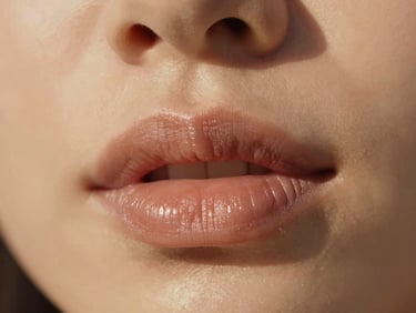 Soft close-up of natural, hydrated lips, warm champagne tones, elegant lighting focusing on subtle volume and smooth lip texture