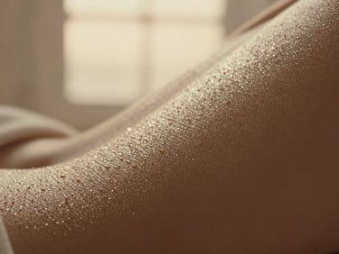 Macro photography of glowing, hydrated skin texture, soft golden-hour light, extreme close-up showing refined pores and luminous clarity