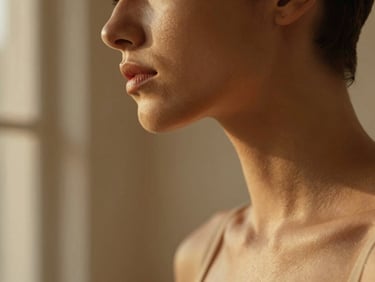 Elegant profile crop of a model with a defined jawline, soft directional shadow, warm minimalist background
