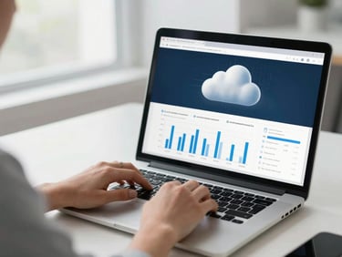 Hands typing on a laptop keyboard beside a monitor showing a cloud infrastructure dashboard with resource graphs, bright clean office light, over-the-shoulder framing