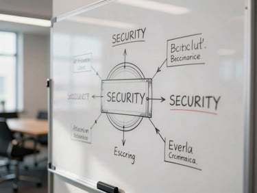 Close-up flat-lay of a security architecture diagram on a whiteboard, annotated with marker, sparse meeting room background, bright shadowless daylight from the left