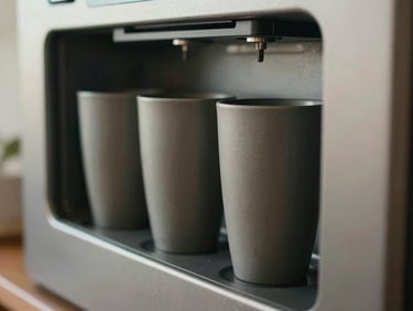 Vue rapprochée de gobelets premium alignés à côté d'un distributeur moderne, lumière naturelle douce mettant en valeur la texture mate.