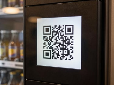 Close-up shot of a smartphone screen scanning a crisp QR code displayed on a modern matte black vending machine screen, warm amber lighting reflecting off the polished glass surface, professional corporate setting