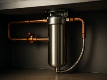 Cartouche de filtration d'eau professionnelle installée proprement sous un comptoir, reflets métalliques nets et précis.