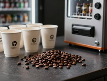 Premium coffee beans, paper cups, and vending machine accessories arranged neatly on a dark surface, professional lighting.