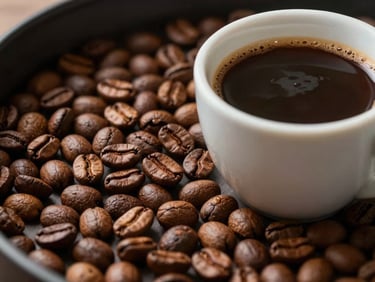 Aromatic espresso beans roasting next to a freshly brewed cup of coffee, rich textures, warm ambient lighting.