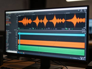 Cinematic shot of an editing suite timeline on a large monitor, high-contrast grading, orange audio waves on screen, professional studio environment