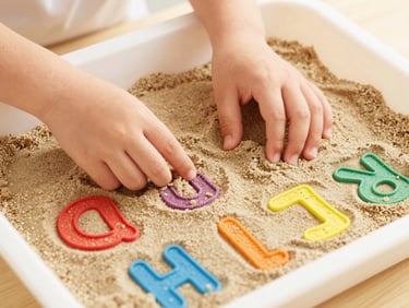Hands of a child tracing letters in a tray of colorful sand, bright natural light, clean macro photography
