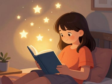 A young girl reading a book under a soft glowing starry night lamp, cozy bedroom setting, warm whimsical illustration style, rich colors