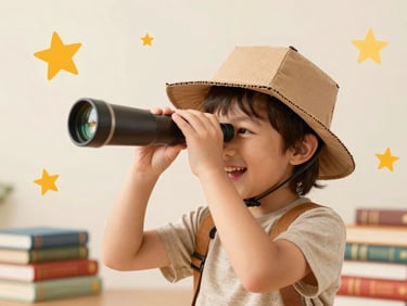A happy child wearing a cardboard explorer hat looking through a toy telescope, surrounded by books and stars illustration