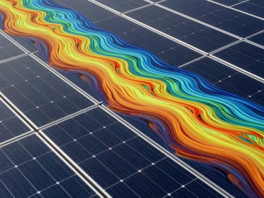 A high-contrast computational fluid dynamics simulation render, showing colorful wind velocity vectors flowing over a structured grid of solar panels, dark blue and amber accents.