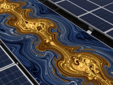 A crisp, high-contrast computational fluid dynamics simulation of atmospheric boundary layer wind flow over a solar panel array, showing turbulent kinetic energy fields in amber and deep slate blue.