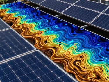 High-contrast computational fluid dynamics simulation render showing velocity vectors and turbulence kinetic energy contours around a row of solar panels, cool blue and warm amber velocity gradients, crisp scientific visualization.