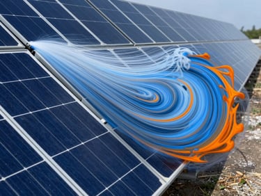 High-contrast CFD simulation of wind flowing over a tilted solar panel array, showing turbulent vortex shedding and velocity streamlines in cool blue and orange contours.