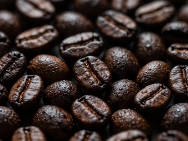 Close-up of whole, dark roasted coffee beans glistening with natural oils, dramatic side-lighting, deep shadows.