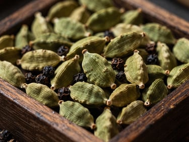 Raw, unpolished green cardamom pods and black peppercorns in a rustic wooden sorting tray, moody natural light.