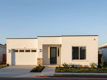Grounded modern home exterior in Sandy, Utah, clean architectural lines, golden hour lighting.