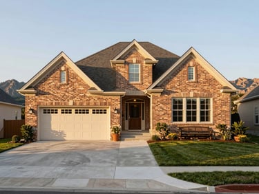 Elegant brick rambler home exterior, warm golden hour lighting, clean driveway, manicured lawn, mountain bench background