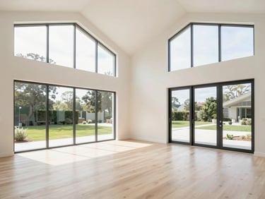 Bright modern home interior, high ceilings, large windows letting in natural daylight, minimalist decor, white oak floors