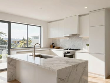 Bright modern kitchen interior, marble countertops, clean daylight, professional real estate photography.