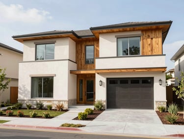 Bright modern residential exterior with clean architectural lines, natural daylight, warm wood accents, manicured landscaping in Sandy Utah