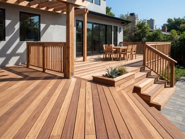 Crisp architectural shot of a newly constructed cedar deck under bright natural daylight, clean lines, sharp shadows, professional craftsmanship