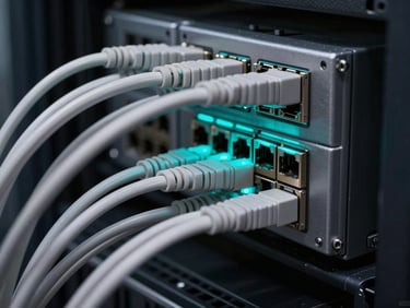 Extreme close-up of server rack patch panel with precision-routed fiber optic cables in tight organized bundles, electric cyan light bleed from active ports, deep shadow background, industrial engineering precision, no people, high-contrast monochromatic lighting