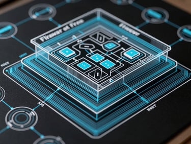 Close-up of a network security topology schematic — layered firewall zones rendered as precision cyan and white line-work on near-black background, access control segments labeled with geometric shapes only, high-fidelity technical illustration style, tight architectural framing, no human figures