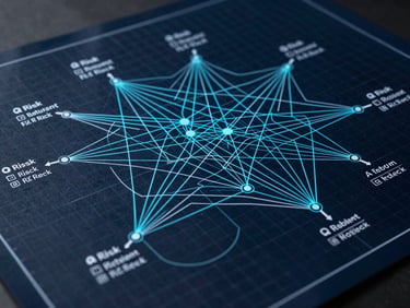 Close-up overhead schematic of a network dependency graph rendered as a technical blueprint, cyan trace lines on dark navy grid, annotated nodes with risk severity labels, high-contrast studio lighting, no people, precision drafting aesthetic