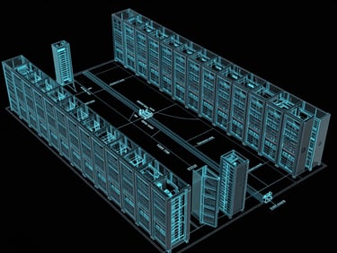 Wide architectural floorplan view of a data-center topology, server rack lanes rendered as high-fidelity line work in cyan on near-black background, cooling corridors labeled, power distribution annotated, schematic precision, no people, monochromatic palette