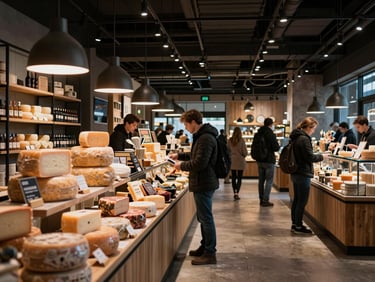 A bustling modern food hall interior with warm pendant lights, people browsing artisanal cheese counters, Scandinavian design, moody shadows