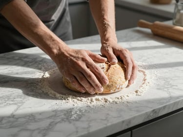 Hands kneading sourdough on a floured marble counter, directional morning light casting long soft shadows, Scandinavian kitchen setting.